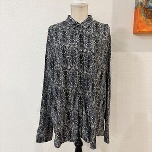 MM.LaFleur Women's XL Black Ivory Abstract Print Button Front Blouse Stretch